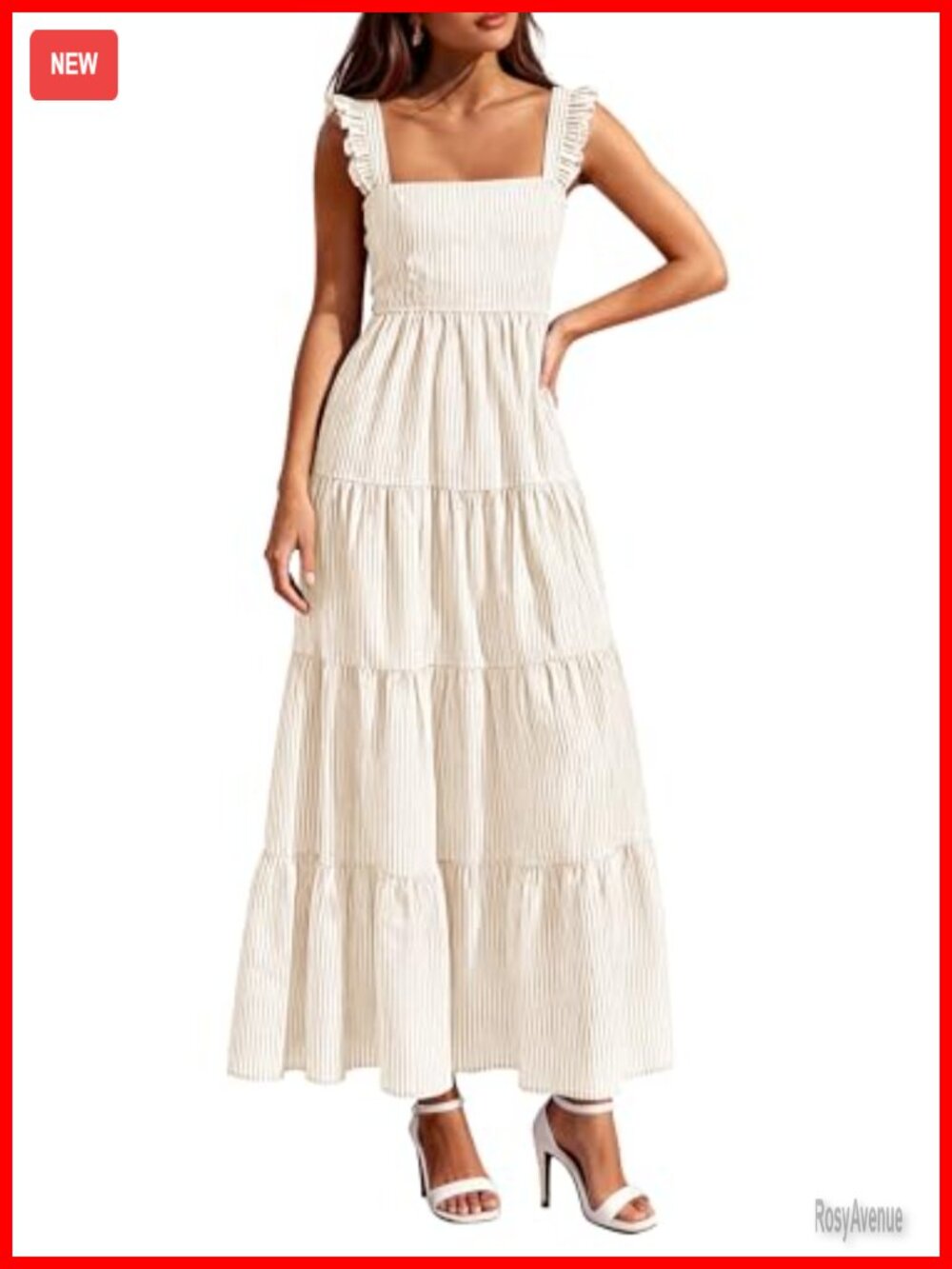 Women's Striped Maxi Sun Dress Sleeveless Square Neck Smocked Tiered Hem